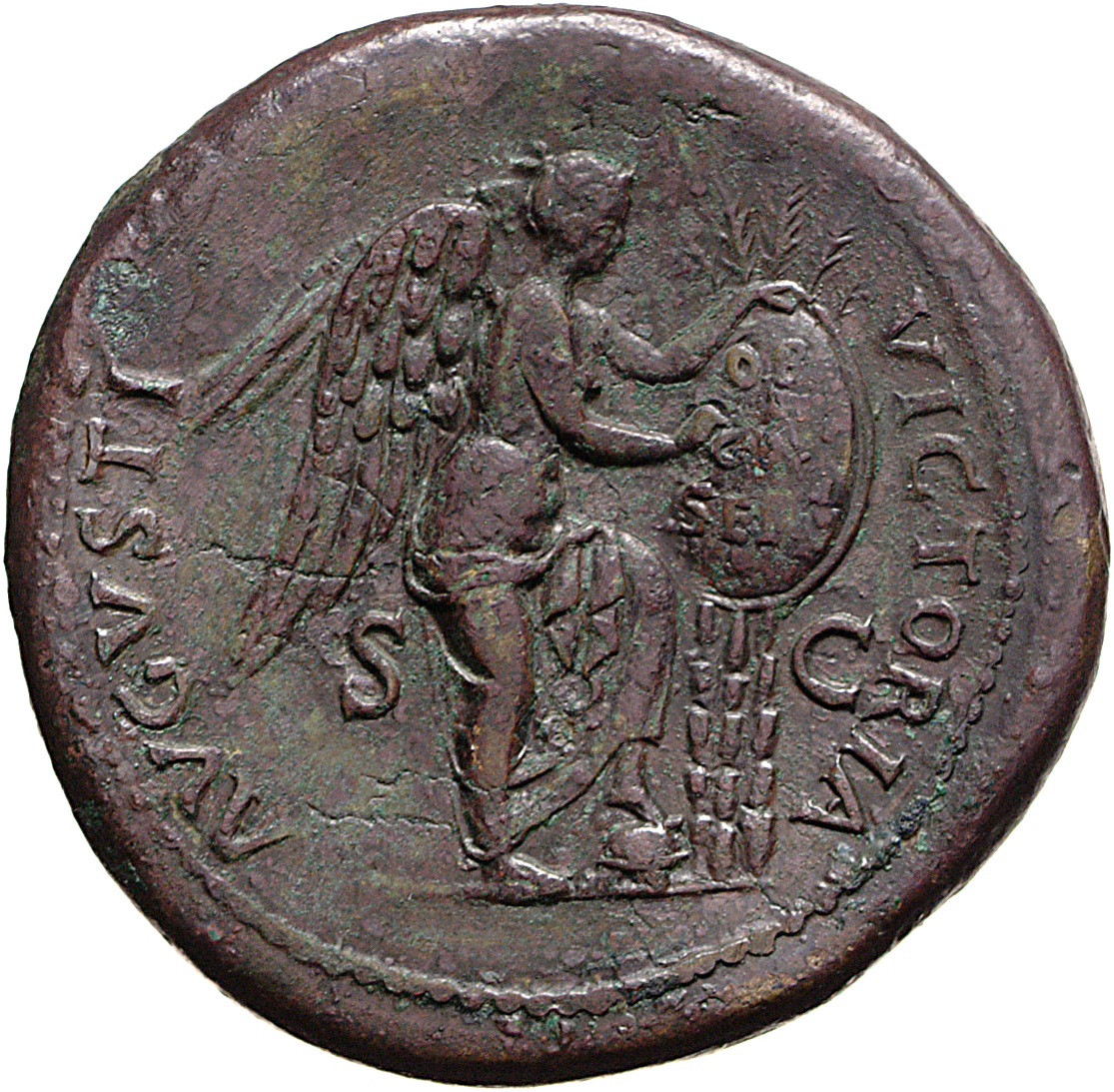 RIC II, Part 1 (second edition) Vespasian 129 Vespasian reverse, Victory standing right, resting left foot on helmet, insc...