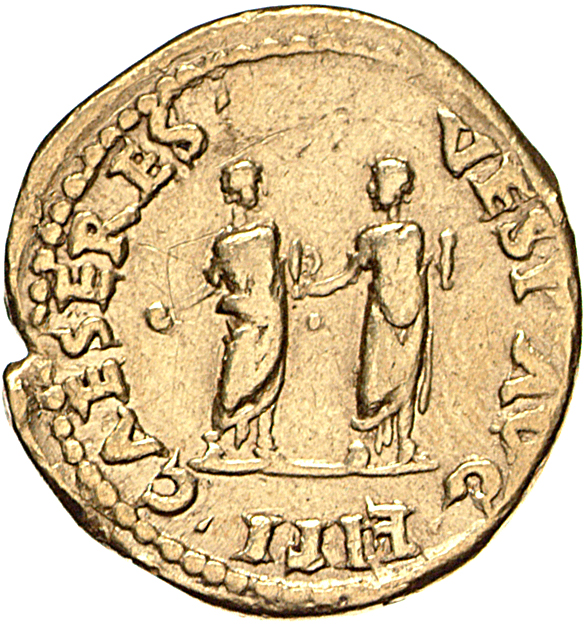 Vespasian reverse — Titus and Domitian, togate, standing right and left, both holding patera and roll