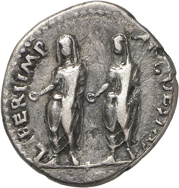 RIC II, Part 1 (second edition) Vespasian 1395 Vespasian reverse, Titus and Domitian, togate, veiled, standing front, head...
