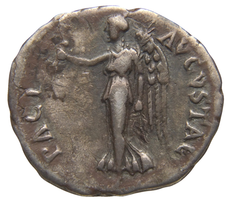 Vespasian reverse — Victory advancing left, holding wreath and palm