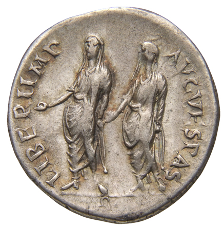 RIC II, Part 1 (second edition) Vespasian 1411 Vespasian reverse, Titus and Domitian, togate, veiled, standing front, head...