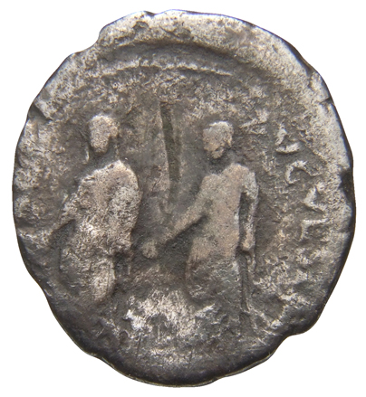 Vespasian reverse — Titus and Domitian, togate, veiled, standing front, heads left, both holding patera in right hand