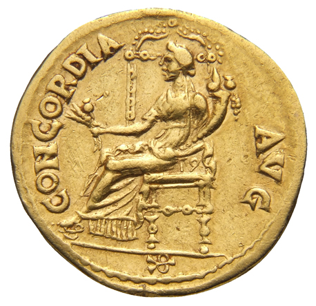 Vespasian reverse — Ceres, draped, seated left in decorated chair with high back, holding two corn-ears and poppy in right hand and cornucopia in left