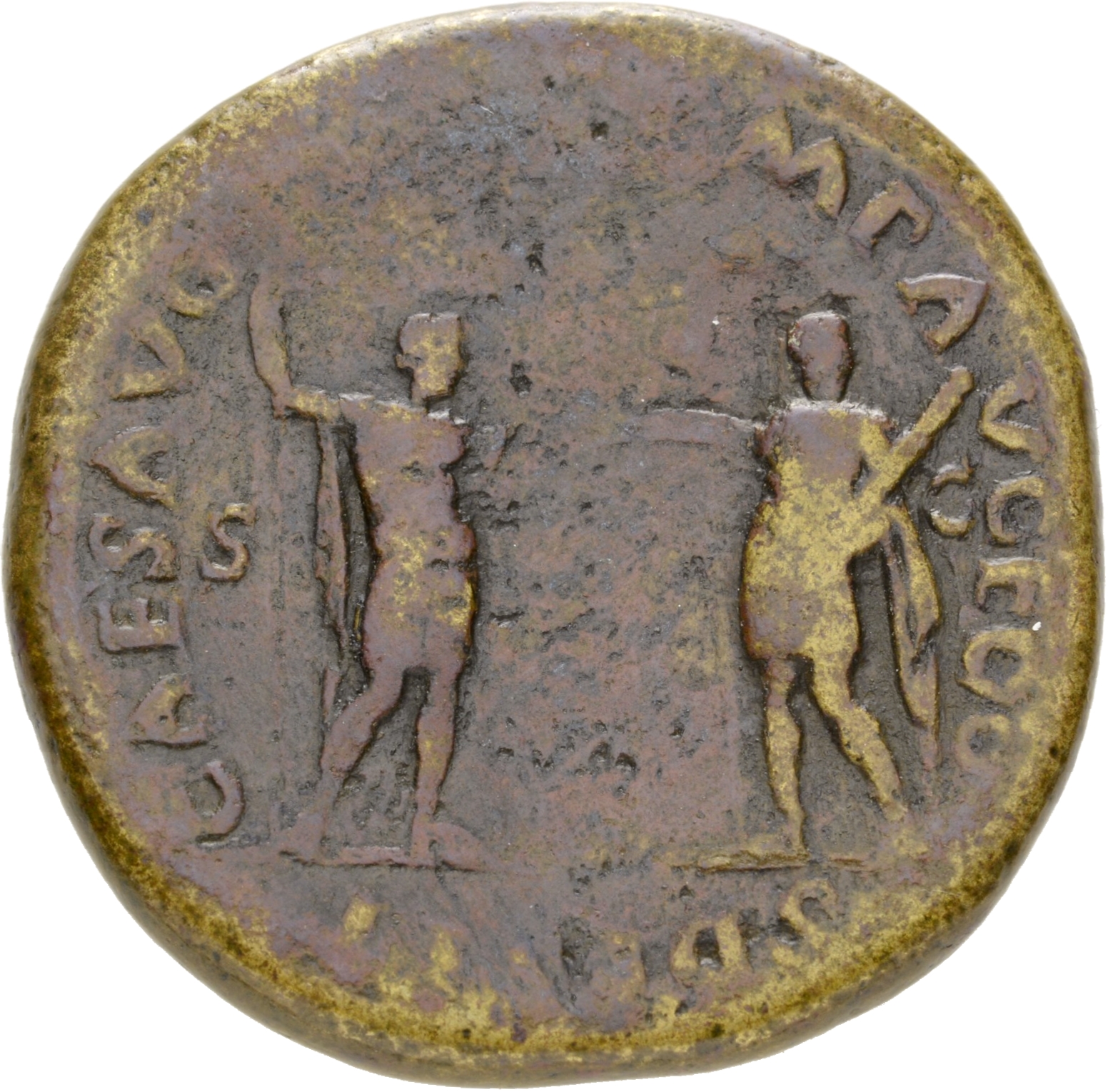 Vespasian reverse — Titus and Domitian, standing left and right, both holding spears; Titus also holding parazonium and Domitian holding roll