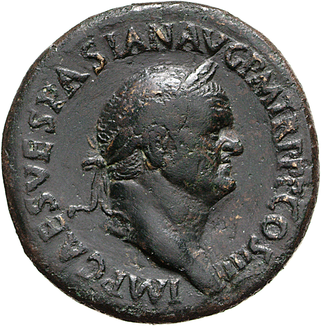 Vespasian obverse — Bust of Vespasian, laureate, draped on left shoulder, right