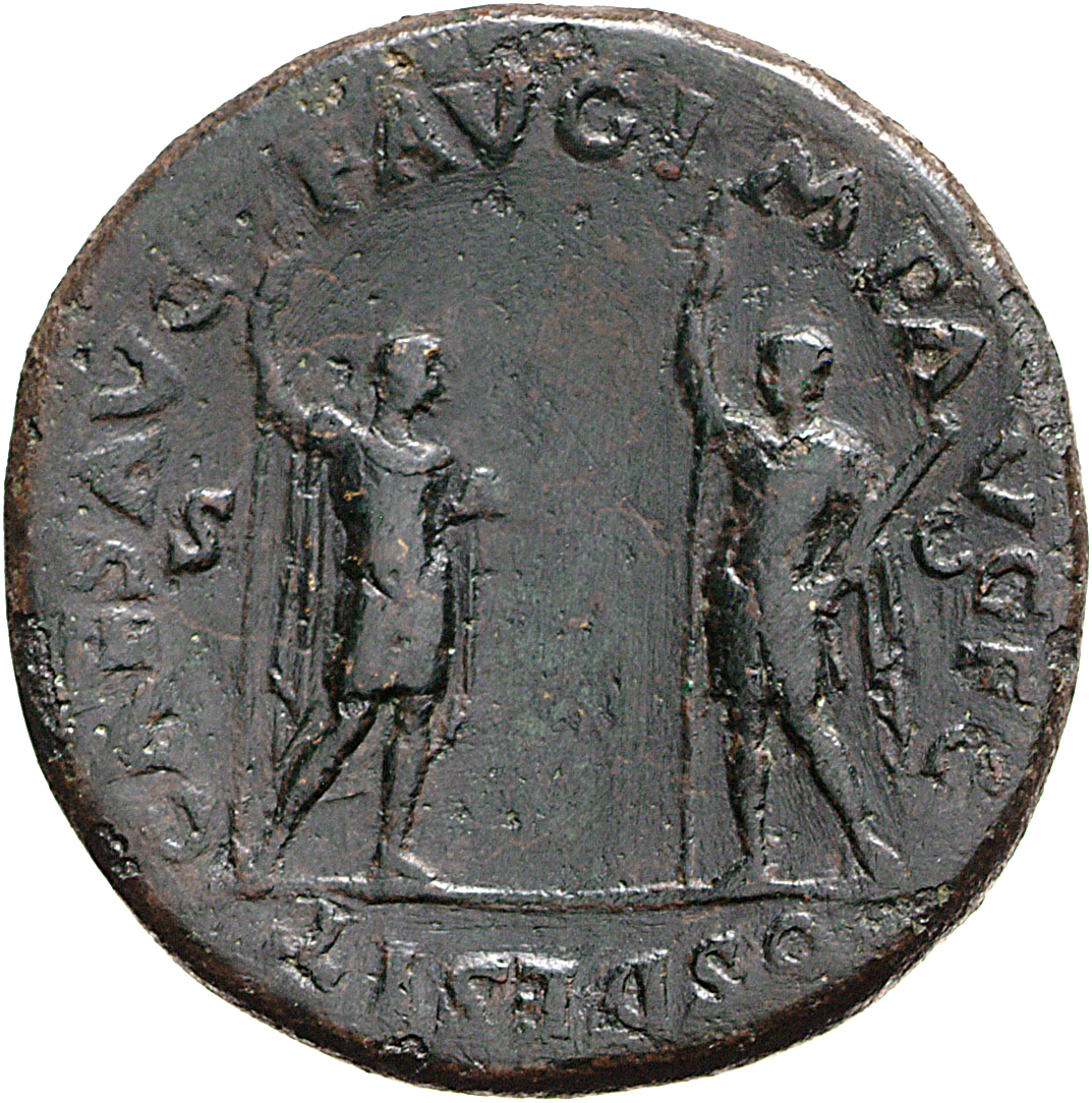 Vespasian reverse — Titus and Domitian, standing left and right, both holding spears; Titus also holding parazonium and Domitian holding roll