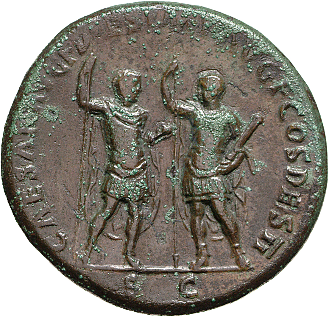RIC II, Part 1 (second edition) Vespasian 145 Vespasian reverse, Titus and Domitian, standing left and right, both holding...