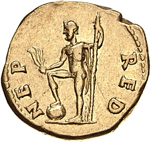 Vespasian reverse — Neptune standing left, resting foot on globe, holding acrostolium and sceptre