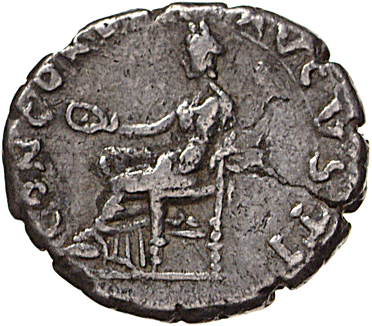 Vespasian reverse — Concordia, draped, seated left, holding patera in right hand and cornucopiae in left