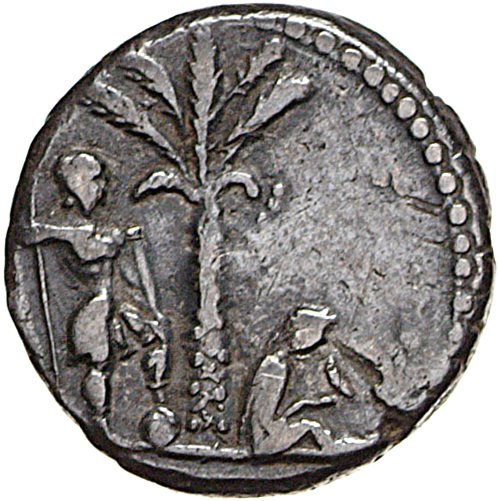 RIC II, Part 1 (second edition) Vespasian 1558 Vespasian reverse, Judaea, veiled, draped, seated right under palm-tree, in...
