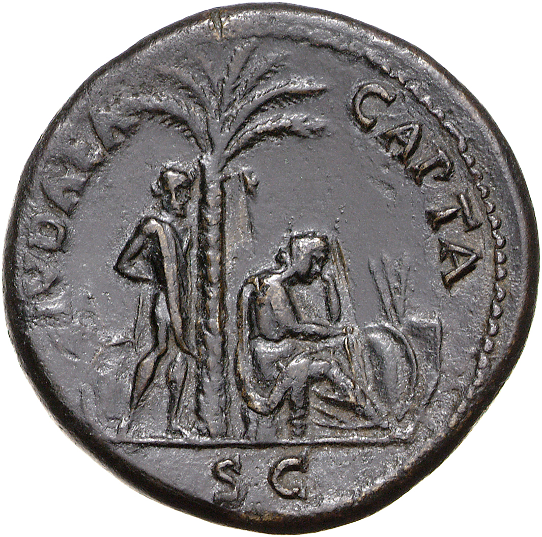 RIC II, Part 1 (second edition) Vespasian 159 Vespasian reverse, Judaea, veiled, draped, seated right under palm-tree, in ...