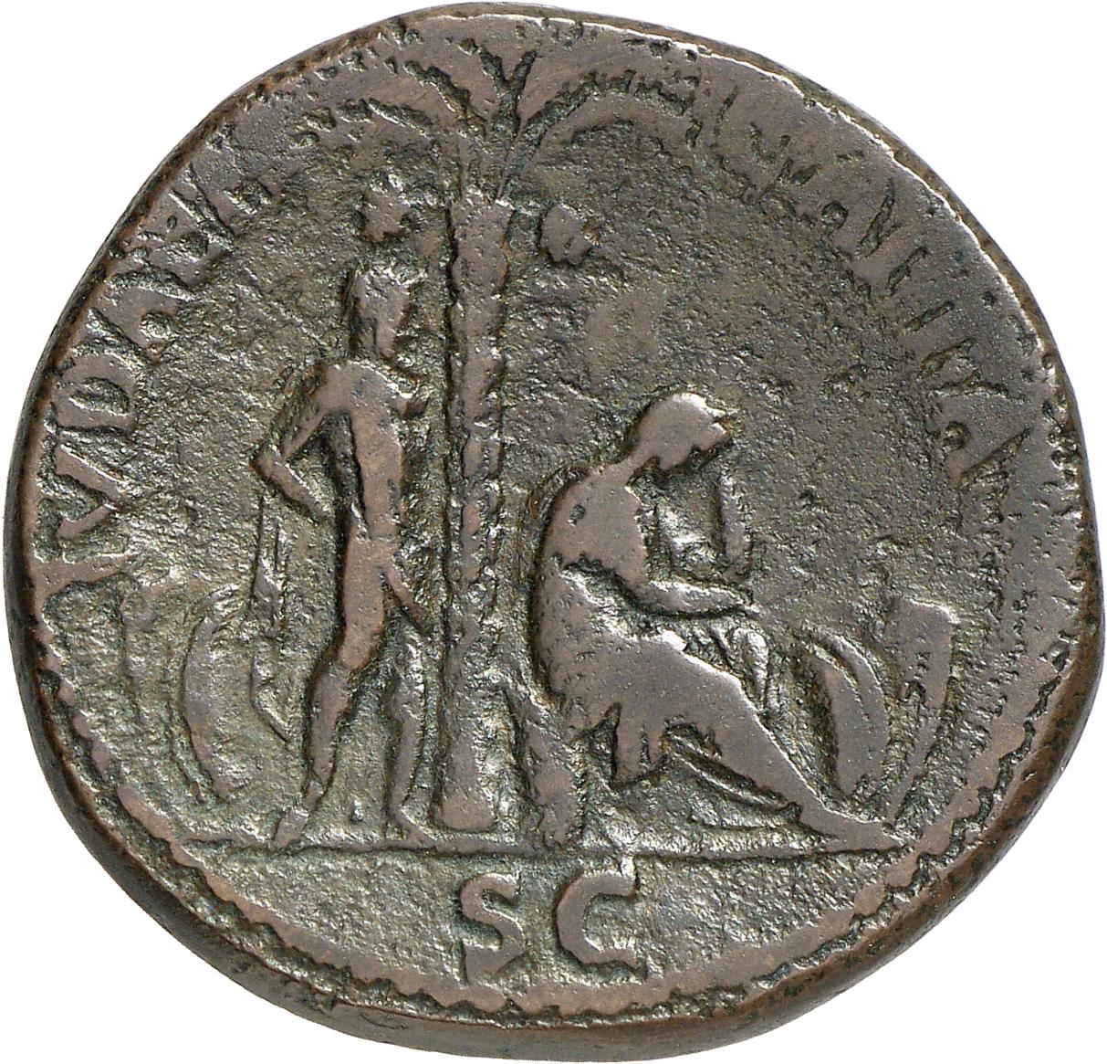 RIC II, Part 1 (second edition) Vespasian 159 Vespasian reverse, Judaea, veiled, draped, seated right under palm-tree, in ...