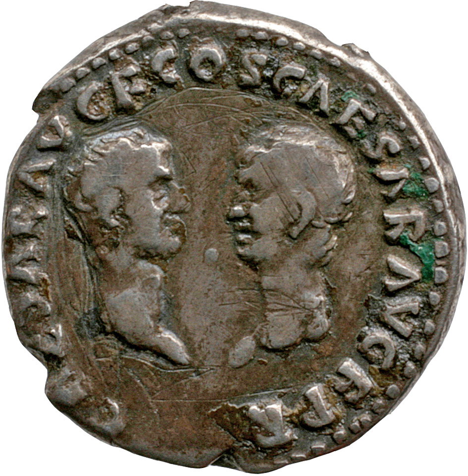 Vespasian reverse — Head of Titus, bare, right facing head of Domitian, bare, left