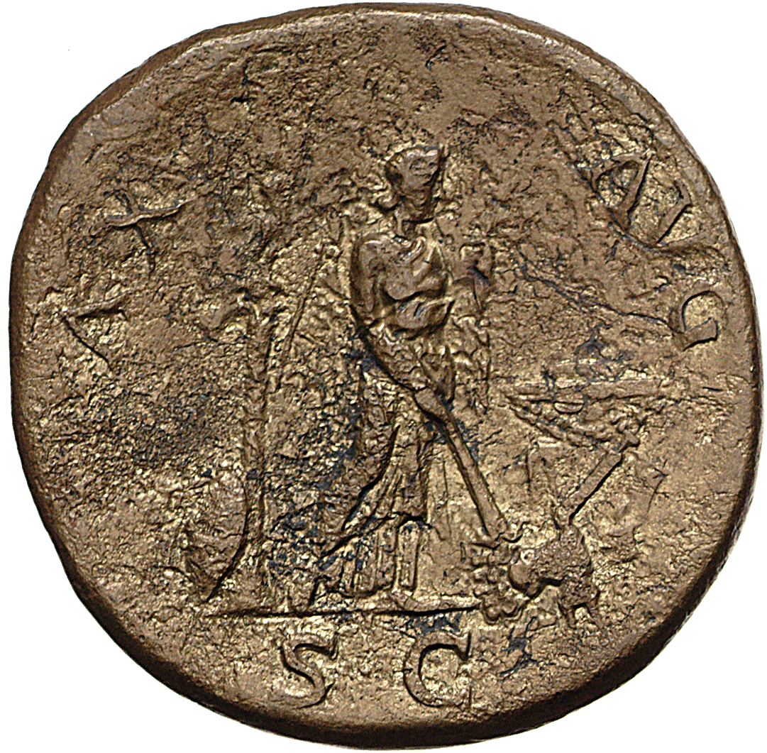RIC II, Part 1 (second edition) Vespasian 179 Vespasian reverse, Pax standing right, setting fire to arms; Column surmount...