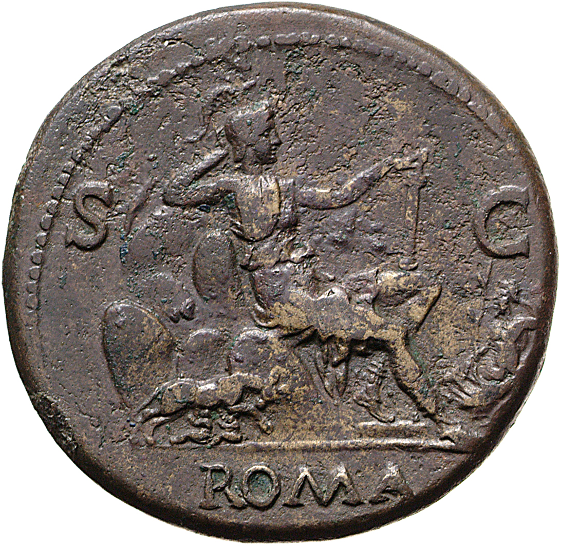 RIC II, Part 1 (second edition) Vespasian 193 Vespasian reverse, Roma seated right on the seven hills; wolf and twins to l...