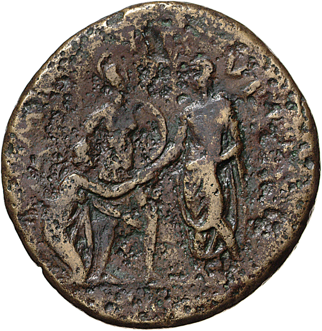 RIC II, Part 1 (second edition) Vespasian 194 Vespasian reverse, Vespasian standing left, gesturing Roma (city) to raise; ...