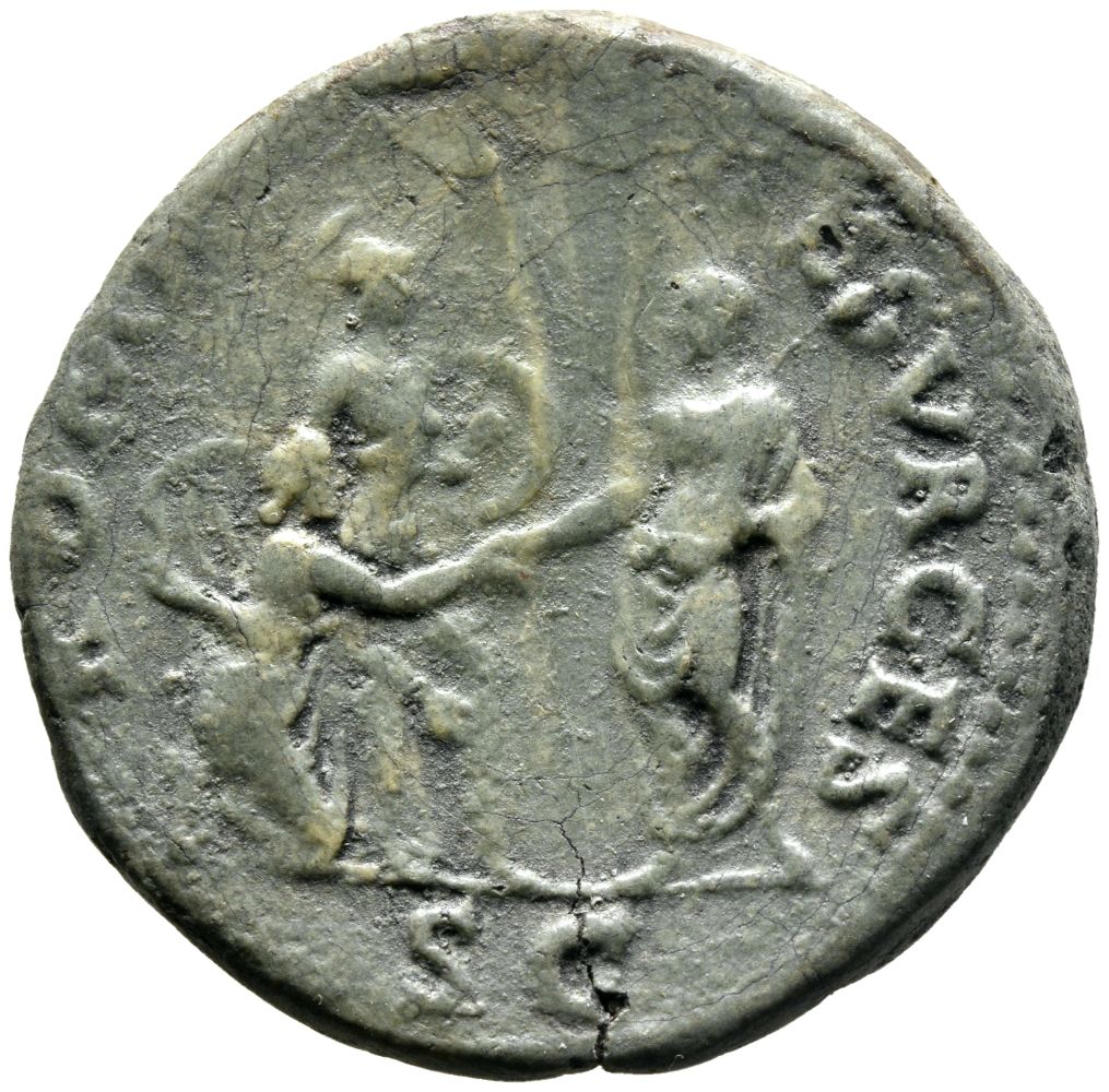 RIC II, Part 1 (second edition) Vespasian 195 Vespasian reverse, Vespasian standing left, gesturing Roma (city) to raise; ...