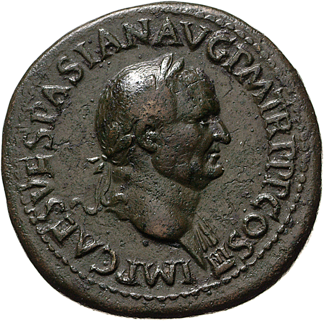 RIC II, Part 1 (second edition) Vespasian 202 Vespasian obverse, Bust of Vespasian, laureate, draped on left shoulder, right
