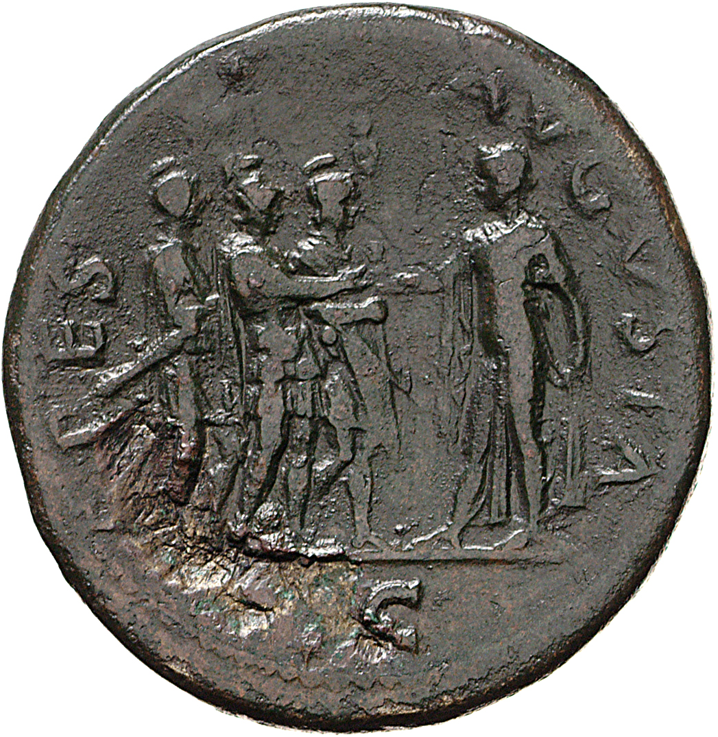 RIC II, Part 1 (second edition) Vespasian 206 Vespasian reverse, Spes standing left, handing flower to three Roman soldiers