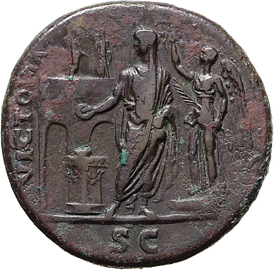 RIC II, Part 1 (second edition) Vespasian 212 Vespasian reverse, Vespasian standing left, sacrificing over altar, being cr...