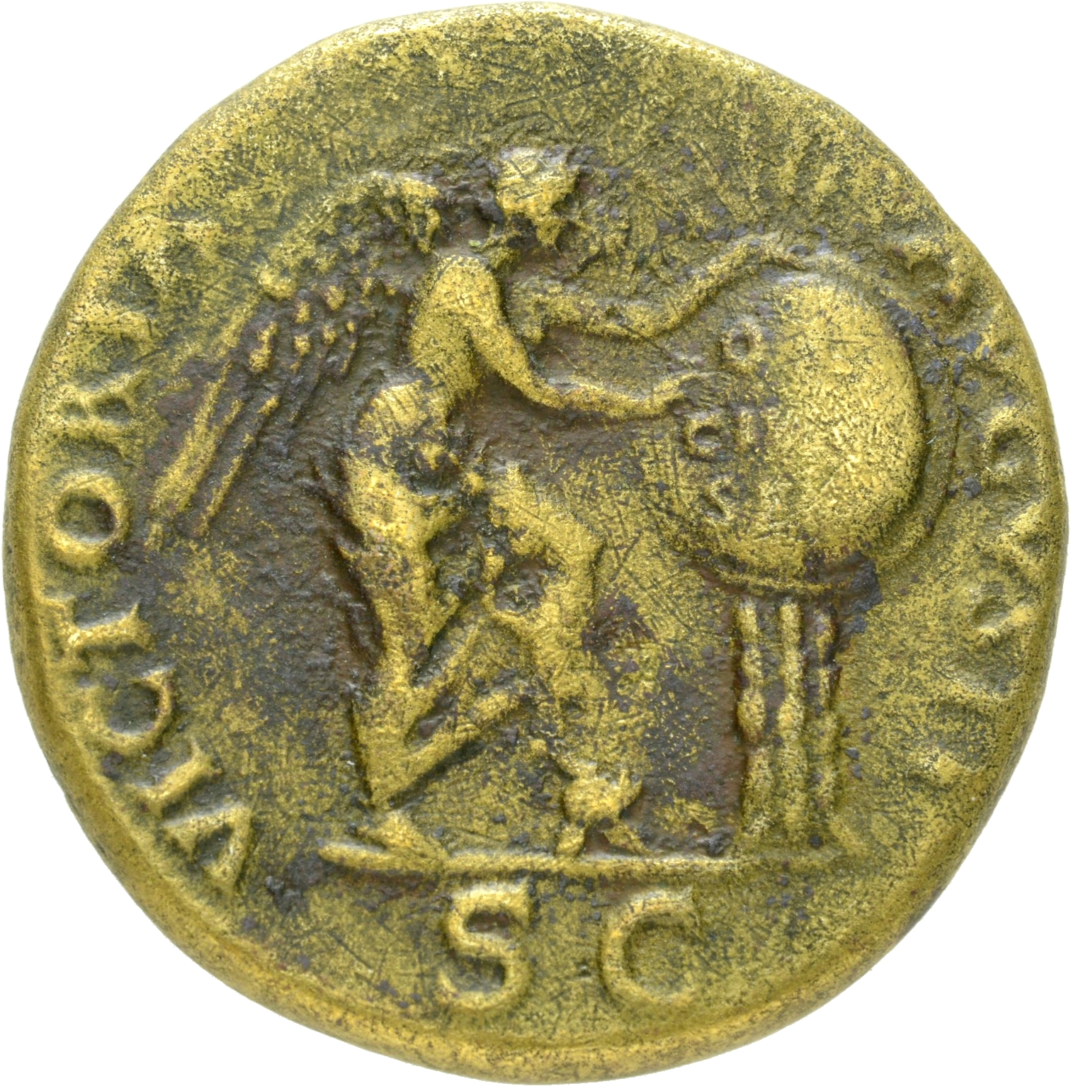 RIC II, Part 1 (second edition) Vespasian 216 Vespasian reverse, Victory standing right, resting left foot on helmet, insc...