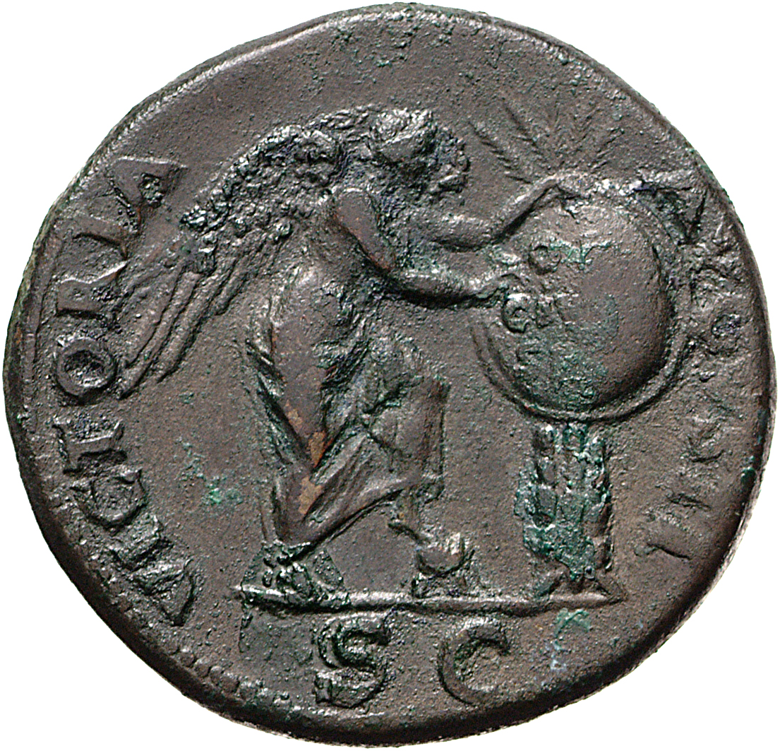 RIC II, Part 1 (second edition) Vespasian 216 Vespasian reverse, Victory standing right, resting left foot on helmet, insc...