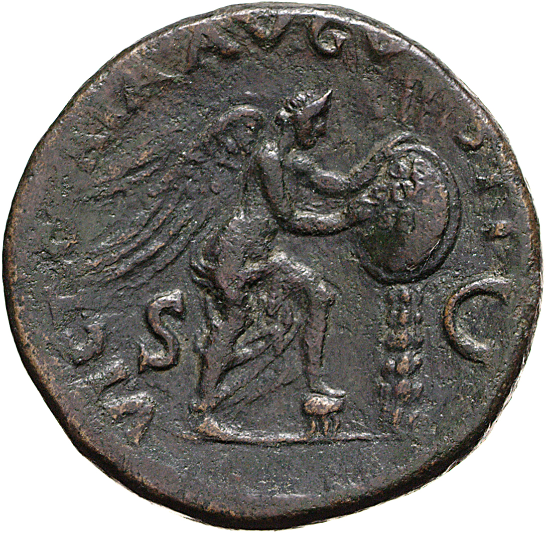 RIC II, Part 1 (second edition) Vespasian 217 Vespasian reverse, Victory standing right, resting left foot on helmet, insc...