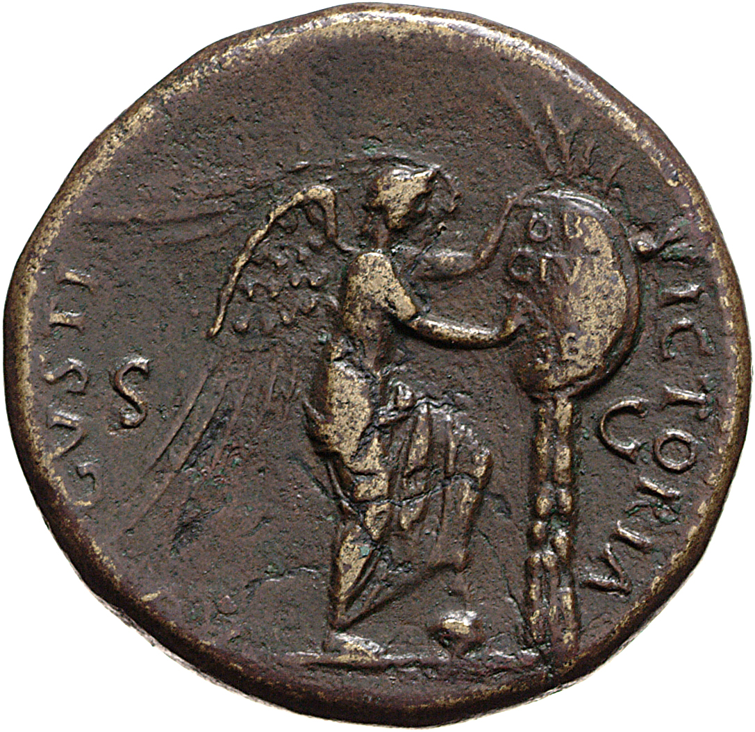 RIC II, Part 1 (second edition) Vespasian 220 Vespasian reverse, Victory standing right, resting left foot on helmet, insc...