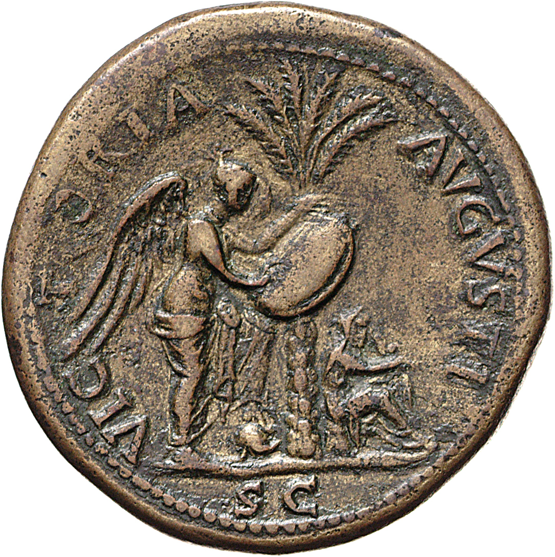 RIC II, Part 1 (second edition) Vespasian 221 Vespasian reverse, Victory standing right, resting left foot on helmet, insc...