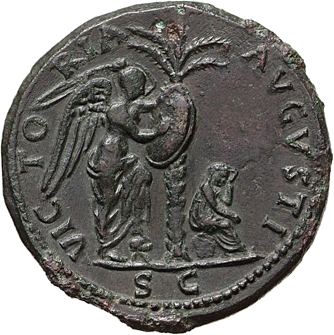 Vespasian reverse — Victory standing right, resting left foot on helmet, inscribing OB CIV SERV on shield attached to palm-tree; Judaea seated right