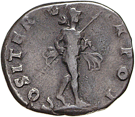 Vespasian reverse — Mars, helmeted, naked except for cloak round waist, advancing right, holding spear in right hand and aquila over left shoulder in left