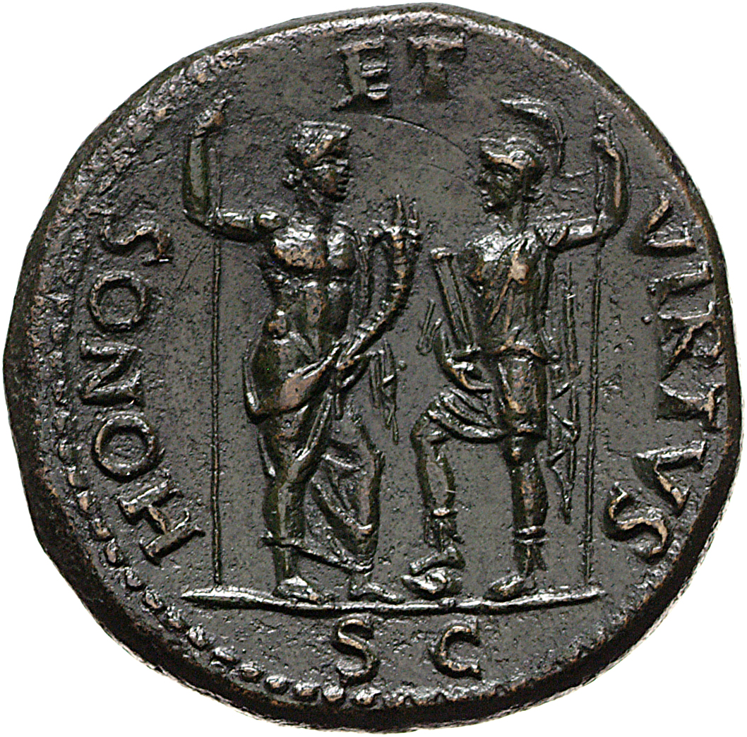 RIC II, Part 1 (second edition) Vespasian 232 Vespasian reverse, Honos standing right, holding sceptre and cornucopiae; Vi...