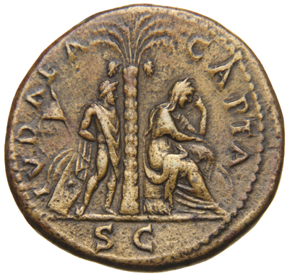 RIC II, Part 1 (second edition) Vespasian 233 Vespasian reverse, Judaea, veiled, draped, seated right on cuirass under pal...