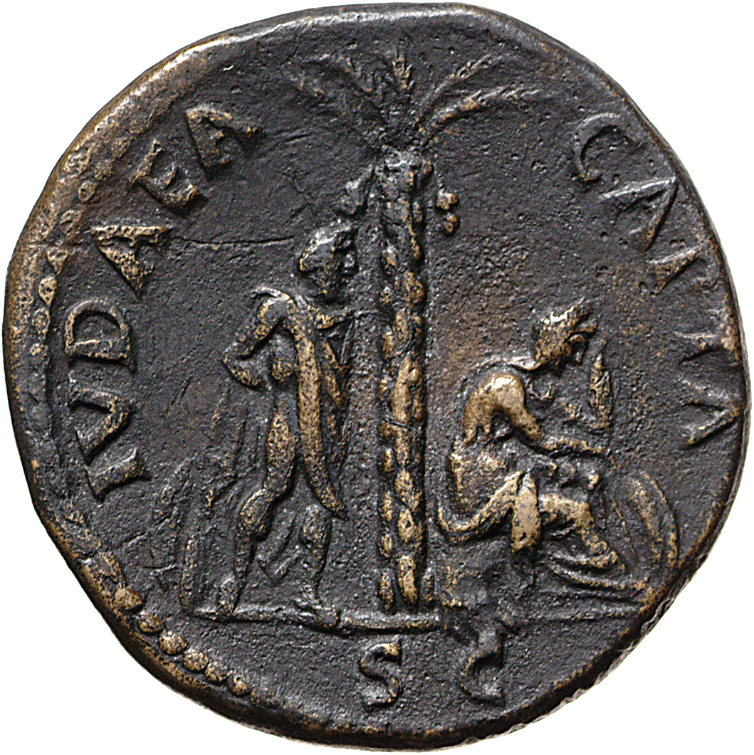 RIC II, Part 1 (second edition) Vespasian 233 Vespasian reverse, Judaea, veiled, draped, seated right on cuirass under pal...