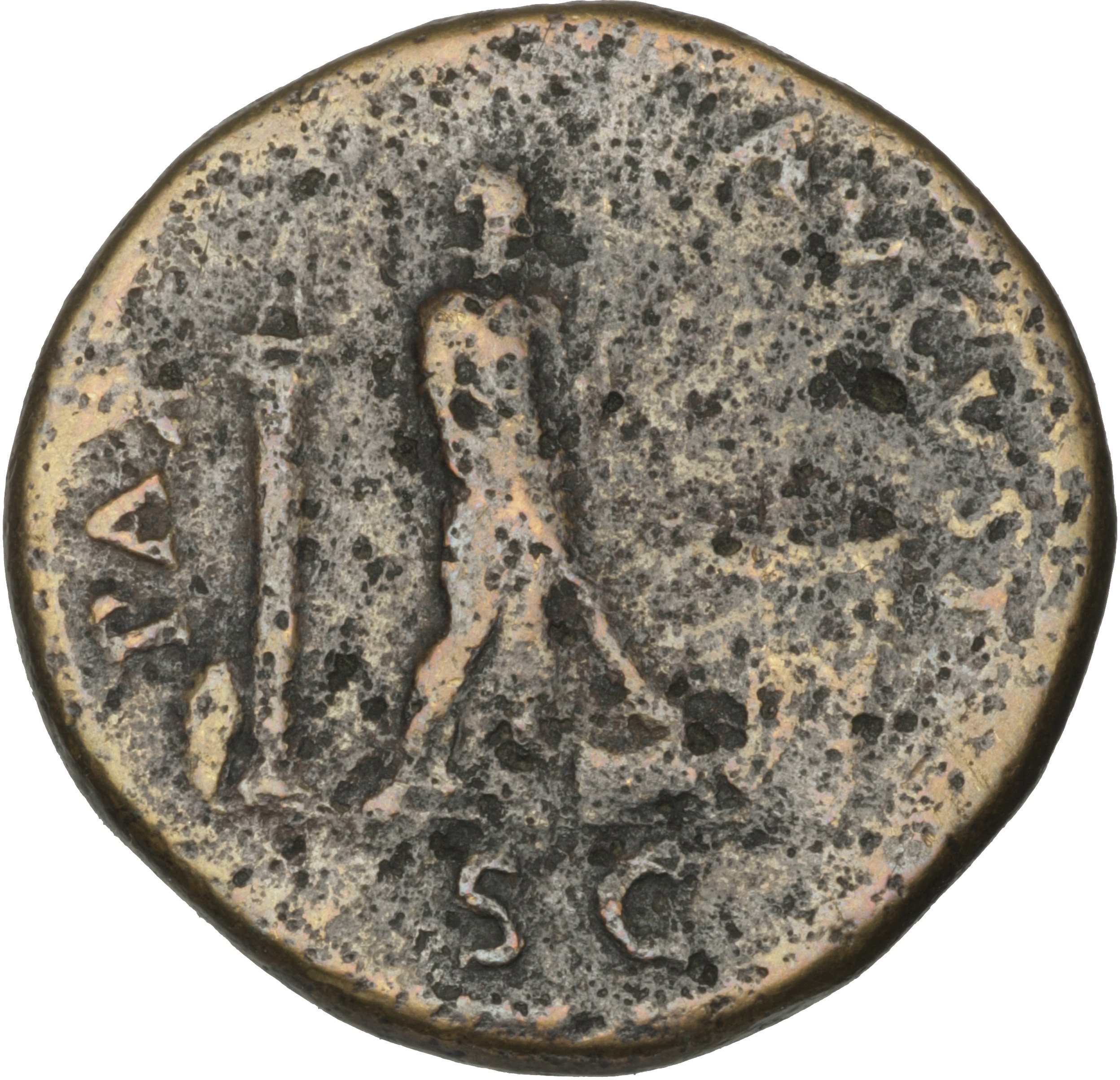 RIC II, Part 1 (second edition) Vespasian 241 Vespasian reverse, Pax standing right, setting fire to arms; Column surmount...