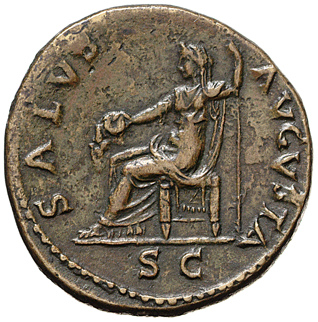 RIC II, Part 1 (second edition) Vespasian 245 Vespasian reverse, Salus, draped, seated left, holding patera in extended ri...
