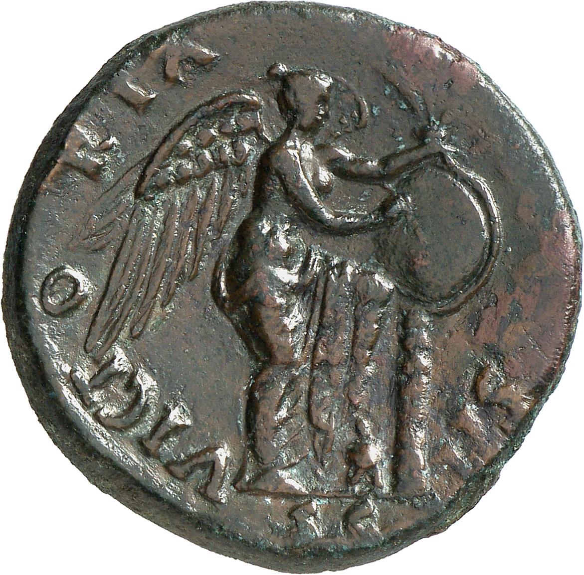 RIC II, Part 1 (second edition) Vespasian 255 Vespasian reverse, Victory standing right, resting left foot on helmet, insc...
