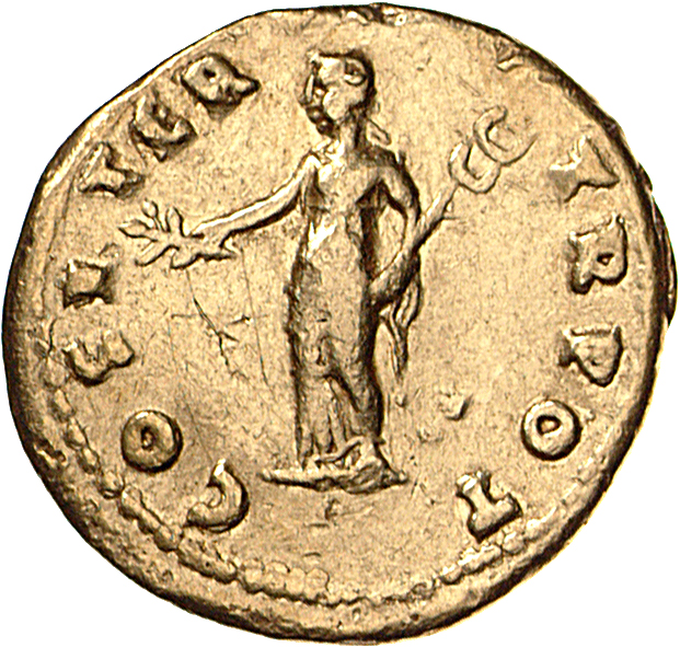 Vespasian reverse — Pax, draped, standing left, holding branch extended in right hand and winged caduceus in left