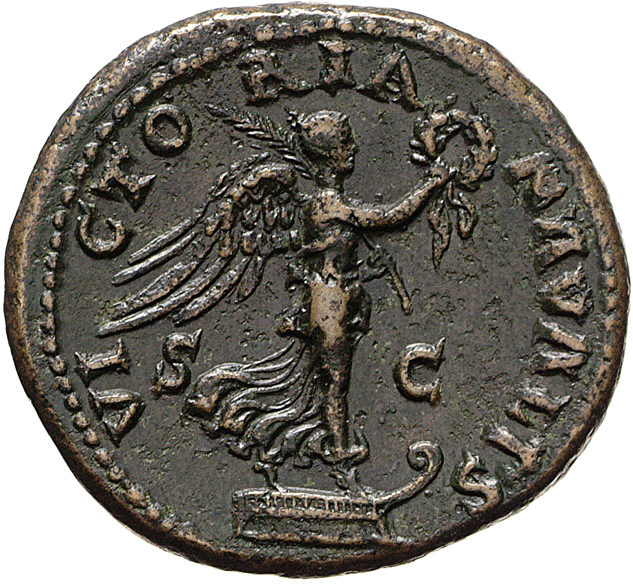 RIC II, Part 1 (second edition) Vespasian 285 Vespasian reverse, Victory standing right on prow, holding wreath and palm