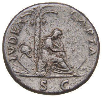 RIC II, Part 1 (second edition) Vespasian 305 Vespasian reverse, Judaea, draped, veiled, seated right on cuirass at foot o...