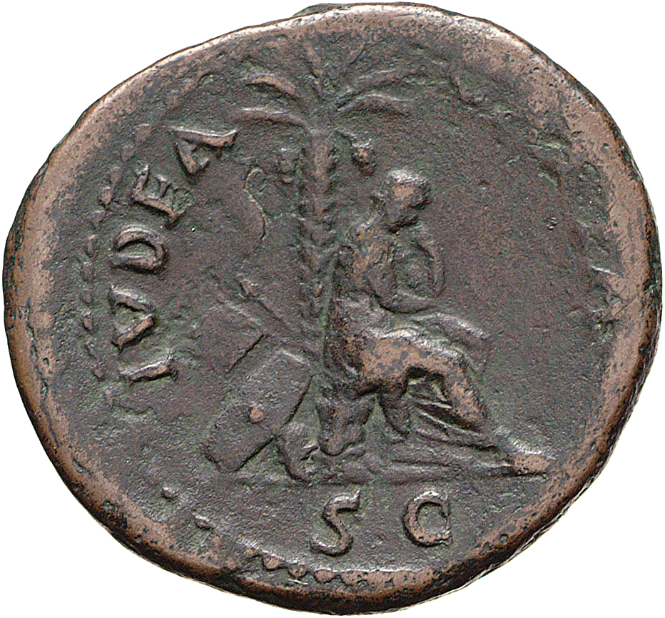 RIC II, Part 1 (second edition) Vespasian 305 Vespasian reverse, Judaea, draped, veiled, seated right on cuirass at foot o...