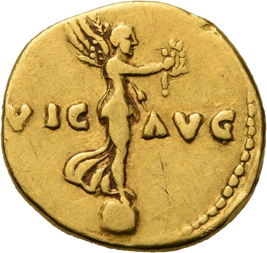 RIC II, Part 1 (second edition) Vespasian 367 Vespasian reverse, Victory standing right on globe, holding wreath and palm
