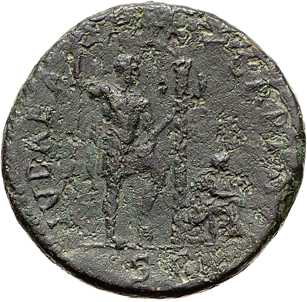 RIC II, Part 1 (second edition) Vespasian 422 Vespasian reverse, Titus standing, holding spear and parazonium to left of p...