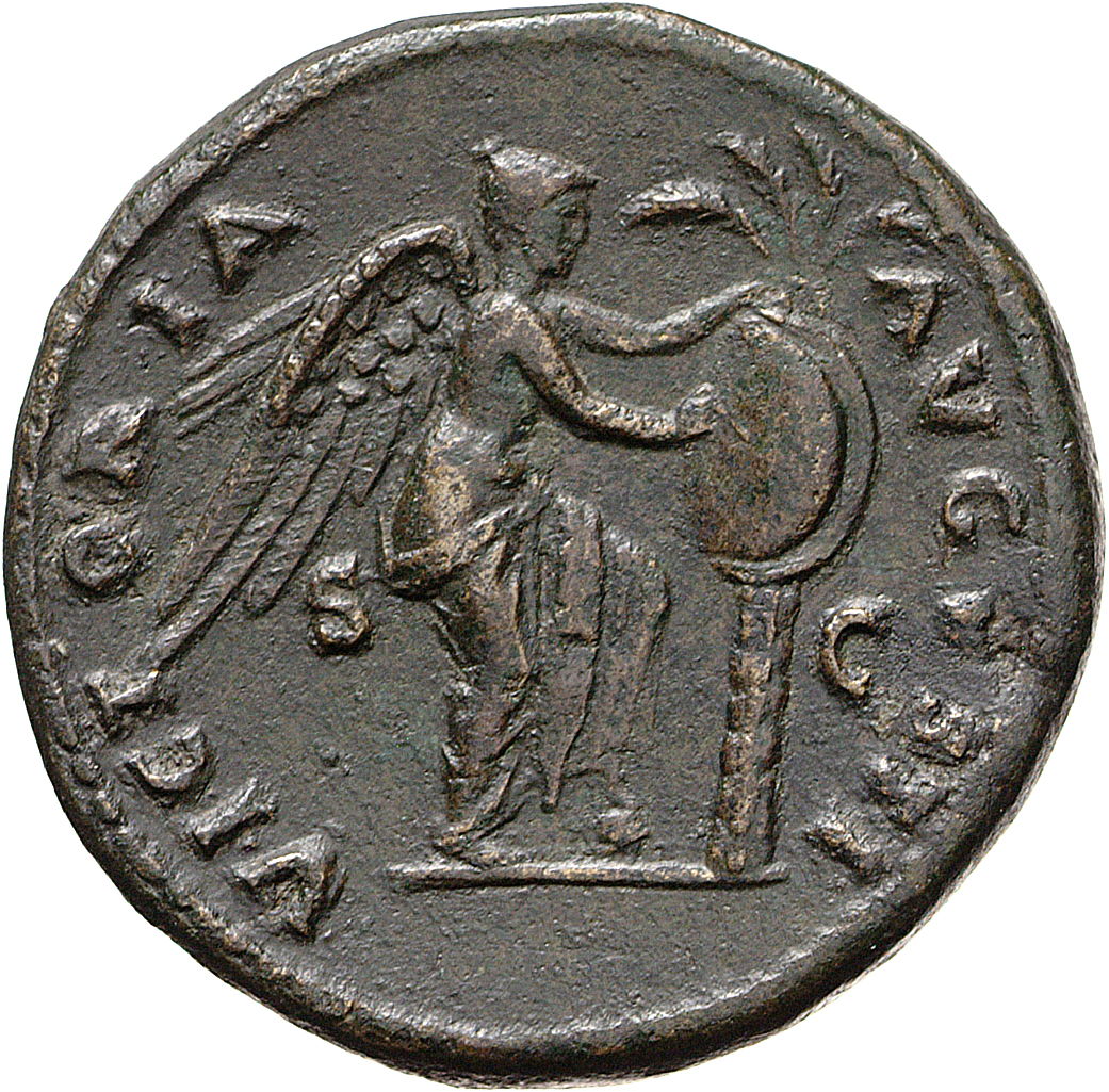 RIC II, Part 1 (second edition) Vespasian 433 Vespasian reverse, Victory, bare to hips, standing right, left foot on helme...