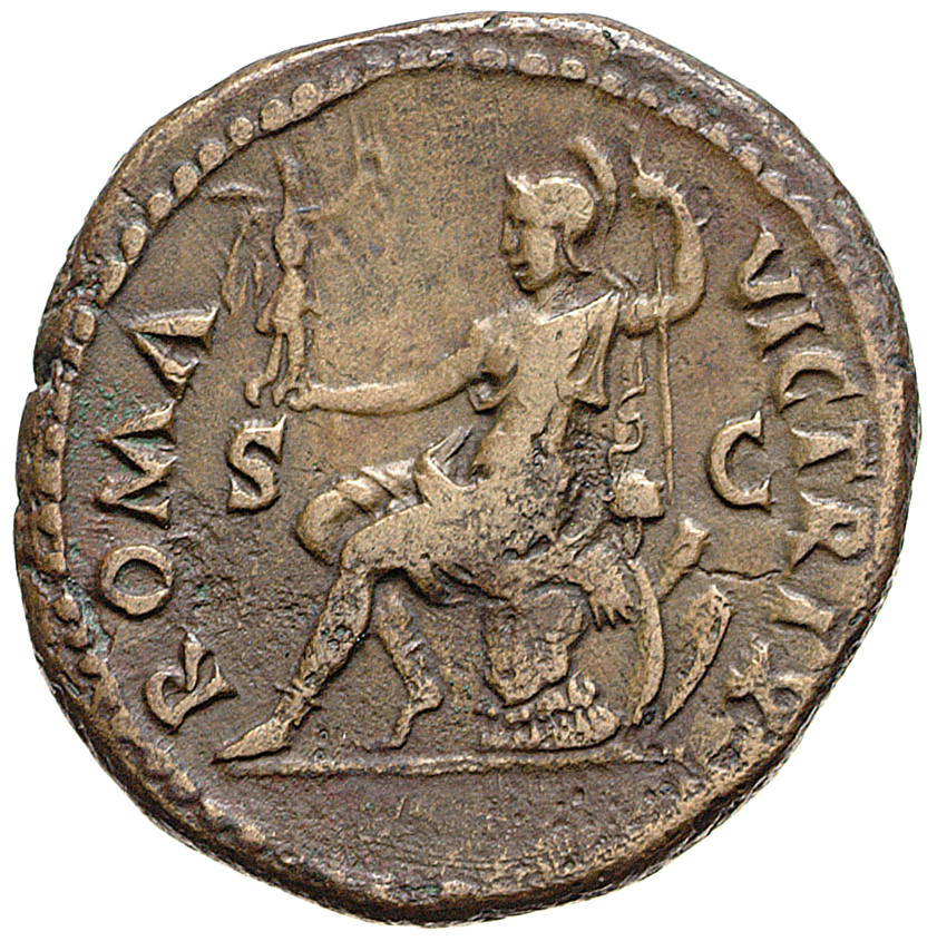 RIC II, Part 1 (second edition) Vespasian 440 Vespasian reverse, Roma, helmeted, in military dress, seated left on cuirass...