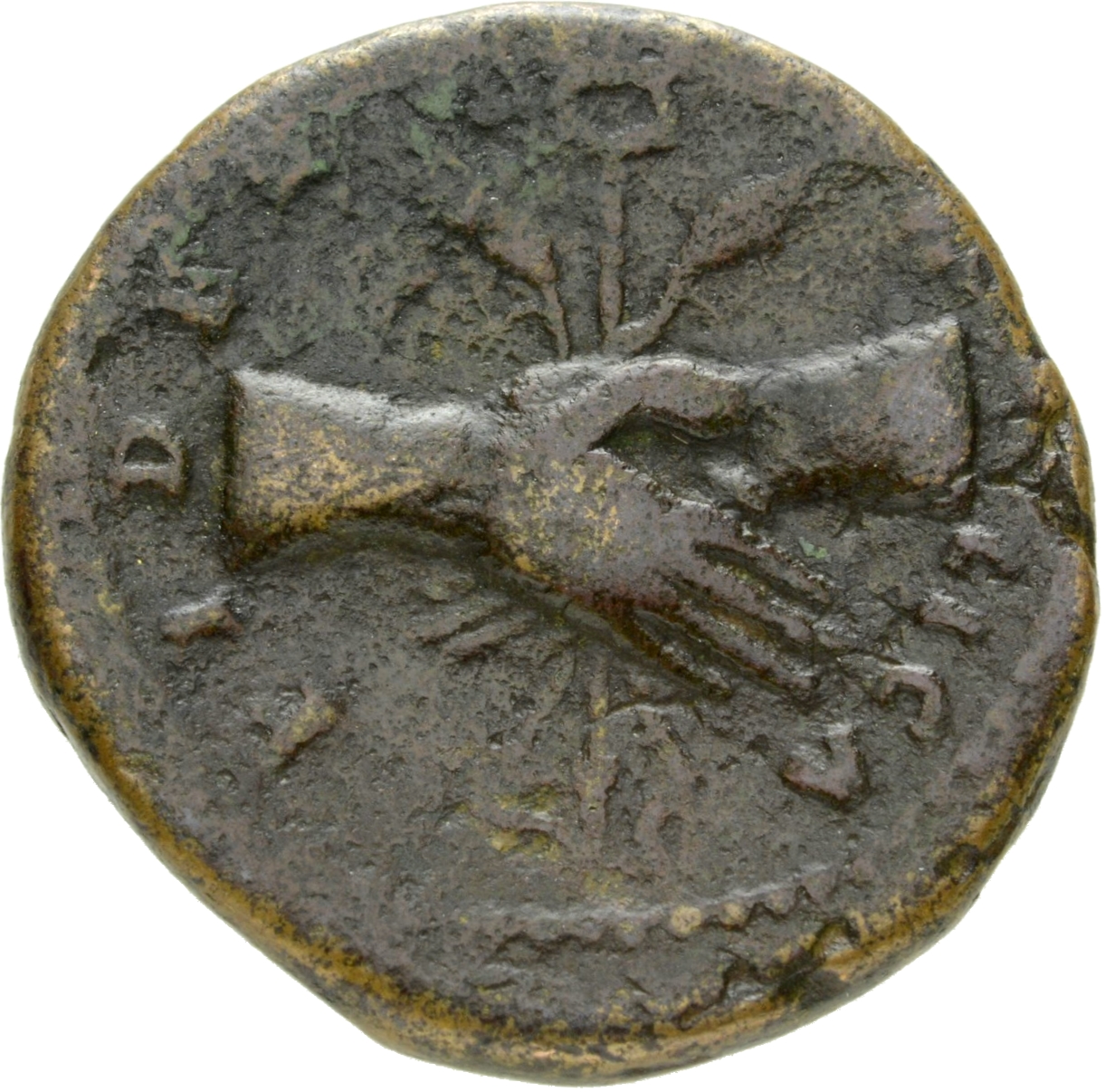 RIC II, Part 1 (second edition) Vespasian 444 Vespasian reverse, Clasped hands, holding winged caduceus, upright, between ...