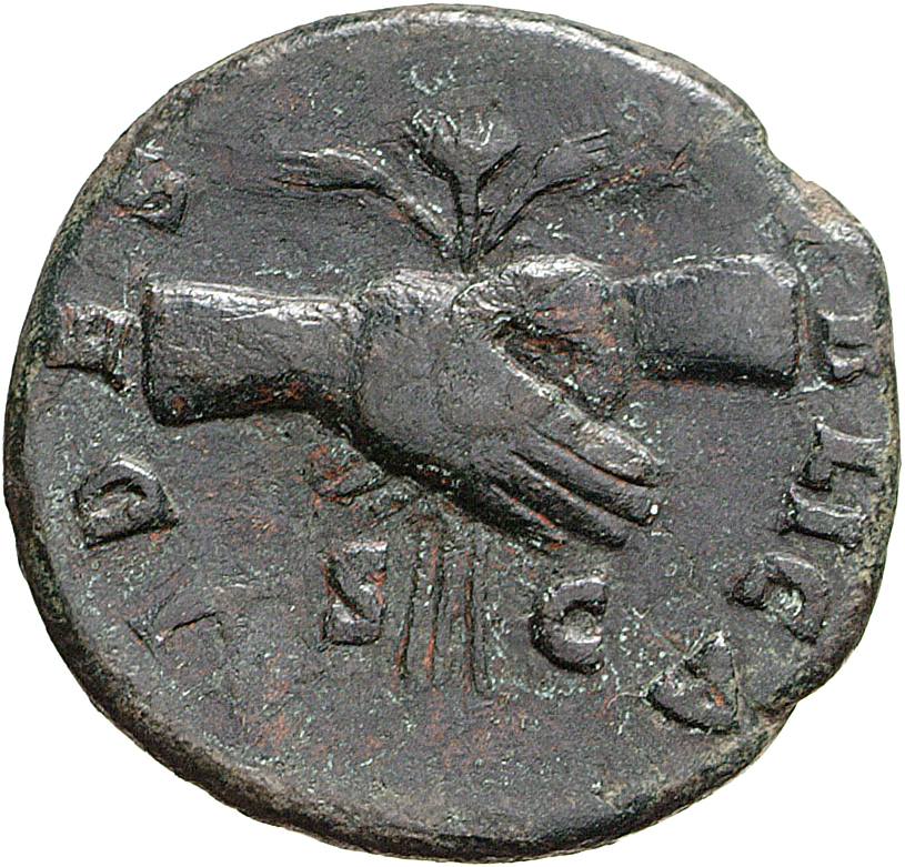RIC II, Part 1 (second edition) Vespasian 444 Vespasian reverse, Clasped hands, holding winged caduceus, upright, between ...