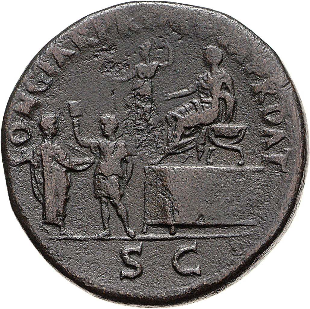 RIC II, Part 1 (second edition) Vespasian 456 Vespasian reverse, Titus seated on curule chair on platform left; attendant ...