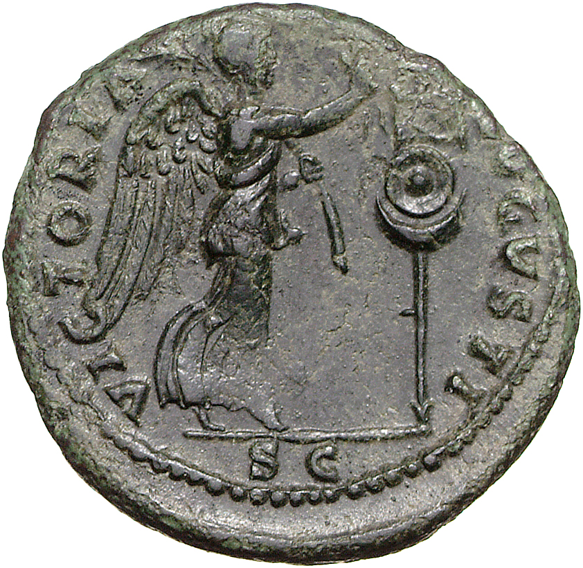 RIC II, Part 1 (second edition) Vespasian 493 Vespasian reverse, Victory advancing right to place wreath on standard, also...