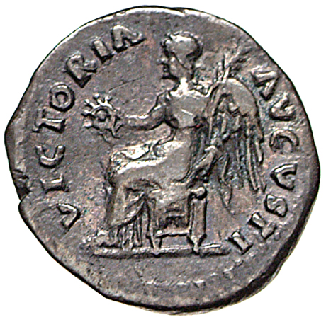 Vespasian reverse — Victory seated left, holding wreath and palm